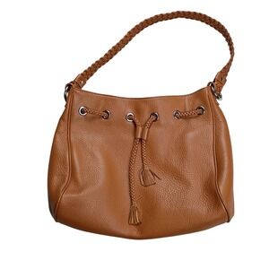 Talbots Hobo Bag Womens Medium Cognac Brown Leather Braided Tassel
